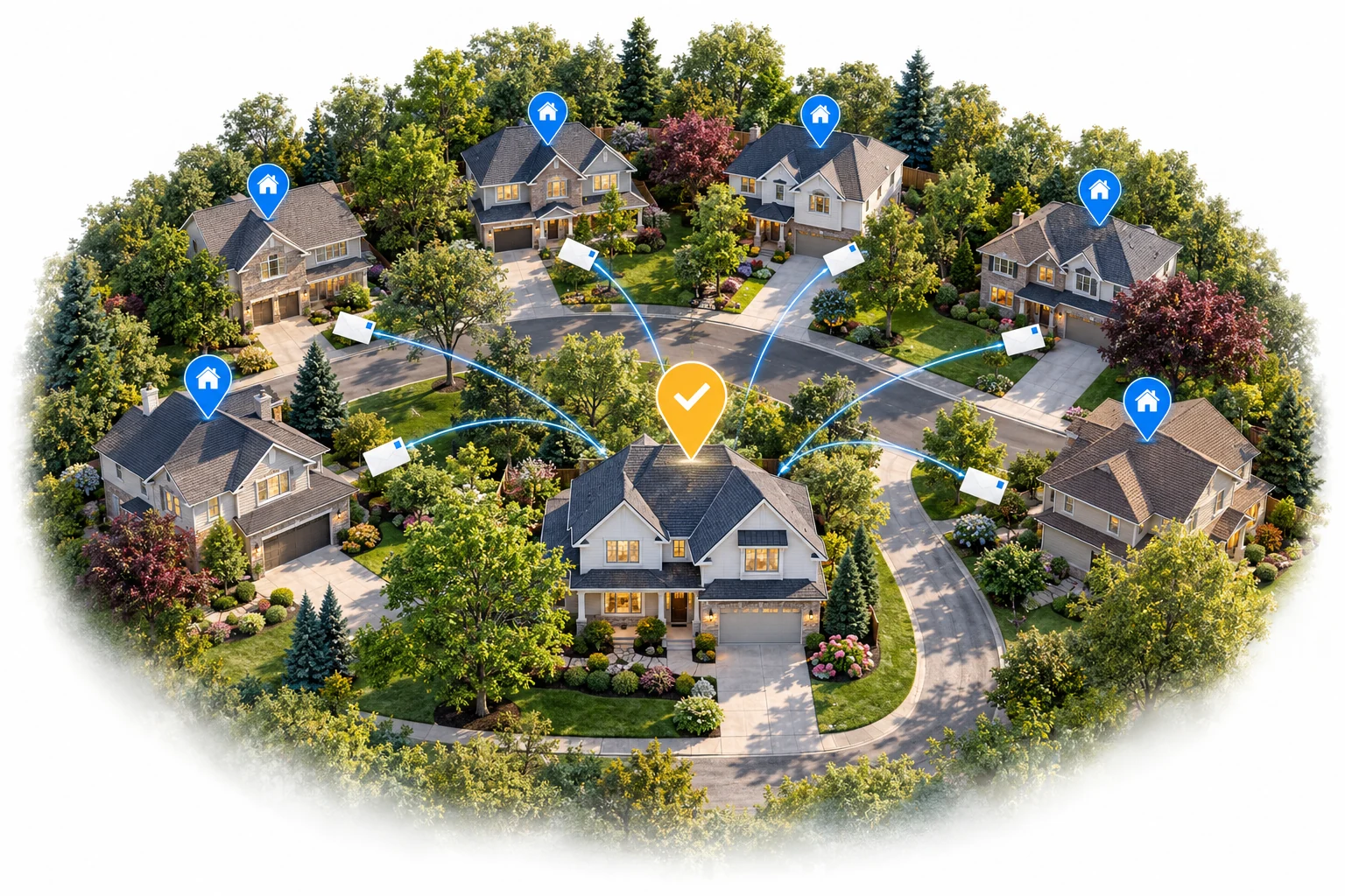 Detailed neighborhood route showing a completed job and surrounding homes